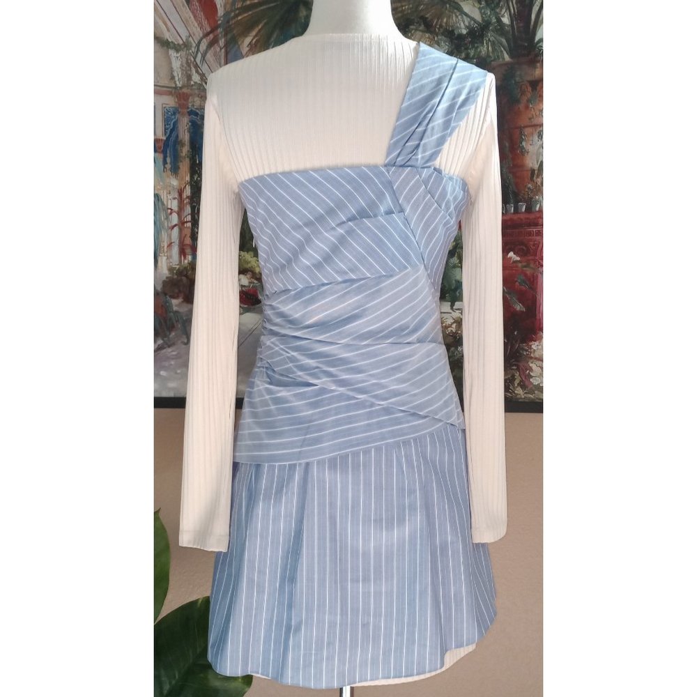 Thakoon Cream Ribbed Long-Sleeve Dress with Blue Pinstripe Wrap - Picture 5 of 6